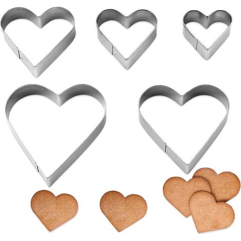5 - Emporte-pièce - Cœur - Acier inoxydable - Pour biscuit et fondant - Usage cuisine et pâtisserie - Argenté - Tailles variées