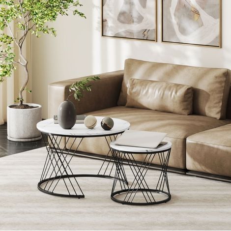2er-Set runde Couchtische, ineinanderstellbar, Weiß Marmoroptik, Metallgestell OKMYHOME (1/5)