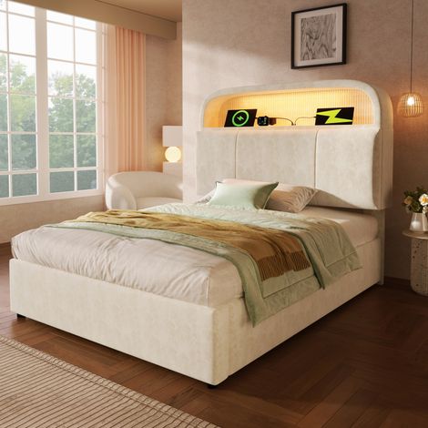 Letto a cassone bambini 90x200 cm con LED, porte USB e USB Type-C, rivestimento in velluto, senza materasso, senza fondo, beige (1/5)