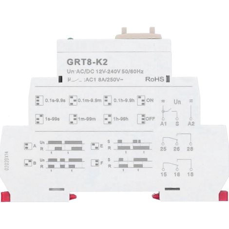 Relais temporisé AC/DC 12V-240V 50/60HZ, 2 modes d'ouverture et 2 modes de fermeture, 4 modes de temporisation, plage de temporisation 0,1s-99h, GRT8-K2