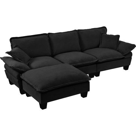 Canapé d'angle modulaire, canapé nuage en L au design de voilier, avec 1 ottomane mobile et 2 coussins moelleux, revêtement en chenille confortable pour salon et appartements, noir (1/5)