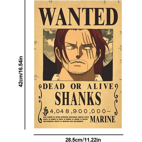 Série d'affiches de primes des personnages de l'anime japonais One Piece, affiches rétro en papier kraft, décorations de porte de dortoir/restaurant, décorations murales pour la maison, Shanks. (1/4)