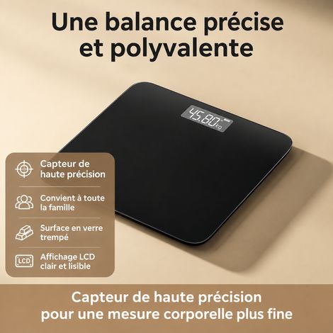 Pèse-personne électronique en verre trempé noir piano modèle à piles 180 kg réf 9856 30 × 30 × 4,5 cm 950 g – Livraison gratuite