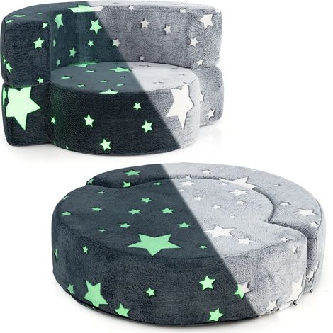 Canapé convertible enfant gris 2-en-1 en flanelle avec étoiles lumineuses, housse lavable et coussin rond pour lecture (1/5)