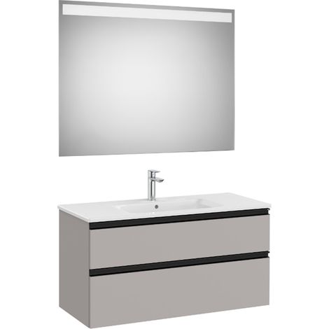 Pack meuble "The Gap" 1000 - 2 tiroirs + lavabo slim + miroir LED - gris moyen mat/poignées noires - Roca (1/2)