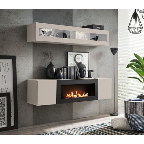 Ensemble meuble TV mural Fly N2 avec cheminée bioéthanol, vitrine et éclairage LED - Bois MDF cachemire - 160 x 150 x 40 cm - Livraison gratuite (1/3)