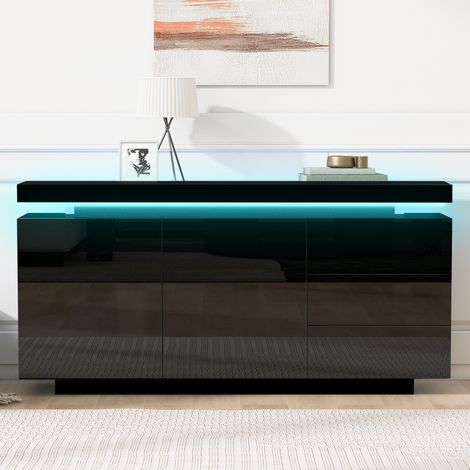 Credenza LED 140x38x72 cm, 2 ante, 3 cassetti, finitura lucida, pannello truciolare nero (1/5)