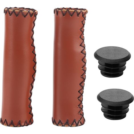 1 Paire de Poignées de Guidon Vélo en PU Couture Main avec Bouchon (Marron) (1/5)