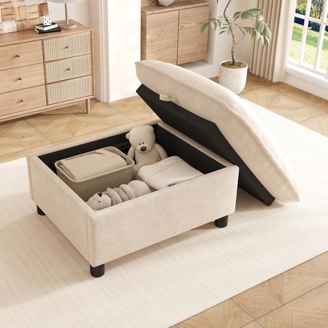 Pouf repose-pieds, rangements intégrés, 98 x 65 x 48 cm, beige, chenille (1/5)