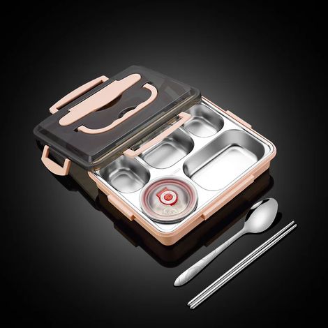 Boîte à lunch étudiante rose en acier inoxydable 304, compatible micro-ondes, compartiment isotherme portable, contenant alimentaire (1/5)