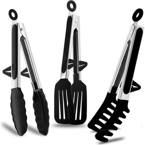 Pinces de cuisine en acier inoxydable, 23 cm, avec embouts en silicone, pour barbecue, pâtes, salades et buffets, noires. (1/5)