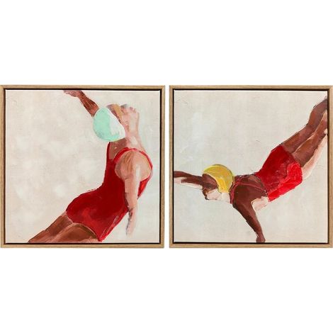 Toiles imprimees, personnages dynamiques painted by hand, 40 x 40 cm, 2 pieces framedes, tableaux red (1/5)