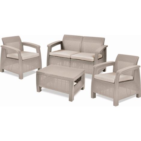 Dmora - Loungeset für draußen Dolcedo, Outdoor-Lounge mit Couchtisch, Terrassenset mit Kissen, Gartenkomposition mit Sofa und Sesseln, 128x70 h79 cm, Beige (1/3)