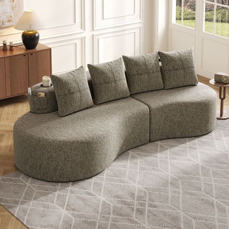 Leinenstoff-Sofa mit 4 Kissen, Hochdichtschaumfüllung + Federstücke, Tassenhalter & Seitentasche – Einzigartiges Design, Bequem & Atmungsaktiv,Ideal fürs Wohnzimmer, Gästezimmer oder Balkon.Khaki