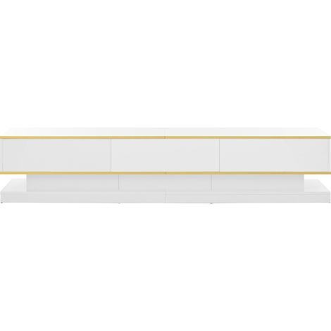 Meuble tv 200x40x40 cm blanc brillant avec détails dorés, 3 tiroirs, grand espace de rangement, design moderne (1/5)