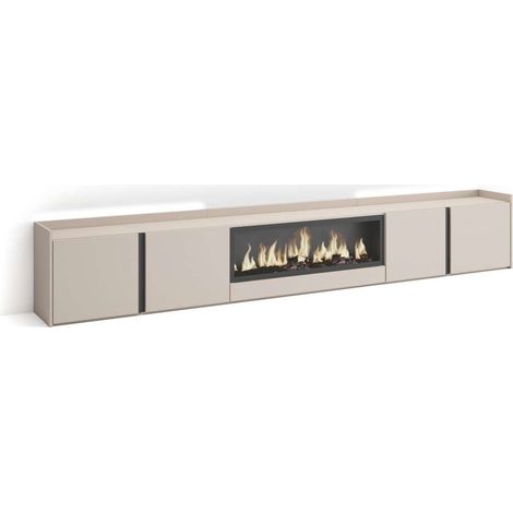 Mueble TV Algarrobo-02 de 315x50x35 cm con chimenea eléctrica y luces LED, color beige (1/4)