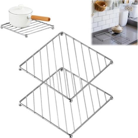 Lot de 2 dessous de plat carrés en acier inoxydable (18,5 x 18,5 cm) pour poêles, bols et plats à rôtir. Protection de plan de travail. Fixation murale. Argent. (1/5)