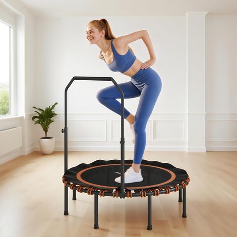 Fitness-Trampolin mit verstellbarem Handlauf, Sport-Trampolin für drinnen und draußen, Stahl, Kunststoff, Orange
