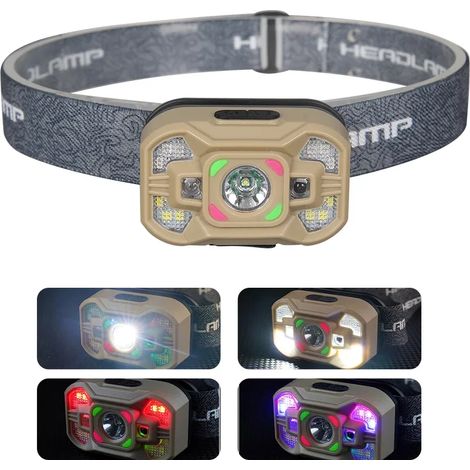 Lampe frontale LED extérieure (marron) - Rechargeable par USB - Batterie intégrée - 6 modes d'éclairage - Lampe frontale de pêche - Lampe de camping