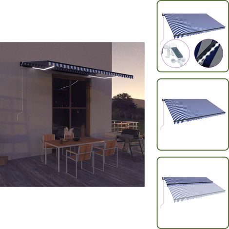 The Living Store Auvent avec capteur de vent et LED 500x300 cm Bleu et blanc - Ombrage terrasse (1/5)