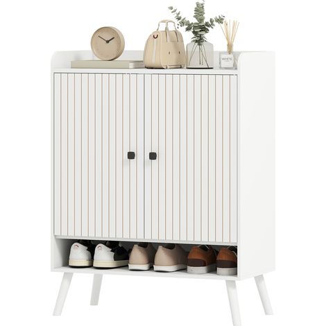Porte-chaussures entrée, blanc, 75x35x97 cm, étagères réglables, compartiment ouvert, 15 paires (1/5)