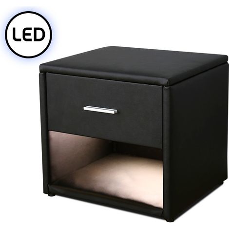 MEUBLER DESIGN Chevet Simili Cuir Avec Éclairage Led Leva - Noir, Polyuréthane, MDF, Rectangulaire, Style Contemporain, 48.5 x 38.5 x 42 cm (1/4)