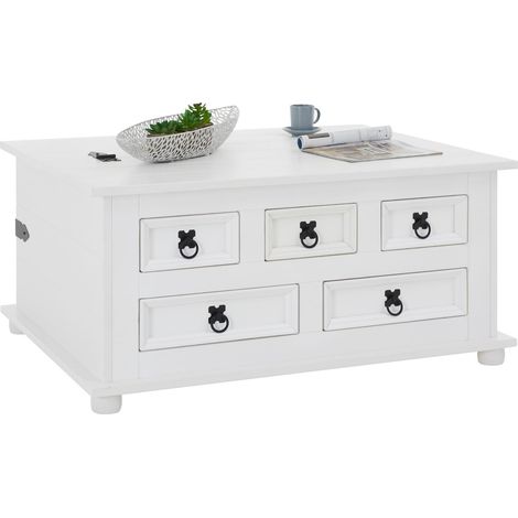 Idimex – Table basse fixe en pin massif lasuré blanc – 5 tiroirs – Dimensions 44 x 92 x 72 cm – Design rustique et intemporel