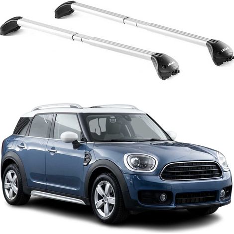 OMAC Barres de toit transversales certifiées TÜV pour Mini Countryman F60 2017-2023 – Verrouillables (4 antivols) – Charge max 100 kg – Sangle inox + protection caoutchouc Argent (1/4)