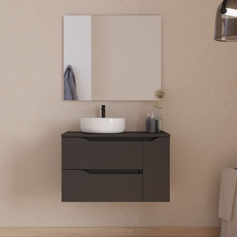 Meuble de salle de bain 80cm avec plateau, vasque à poser déportée à gauche Ares et miroir - 2 tiroirs et un placard - noir - ZARZA
