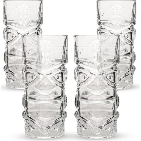 Set of 4 Tiki Bar Cocktail Glasses, Tall Cups for Hawaiian Rum Parties, Mixed Cocktails MAI Tai Long Island Iced Tea or Zombie Cocktails, Clear 450ml