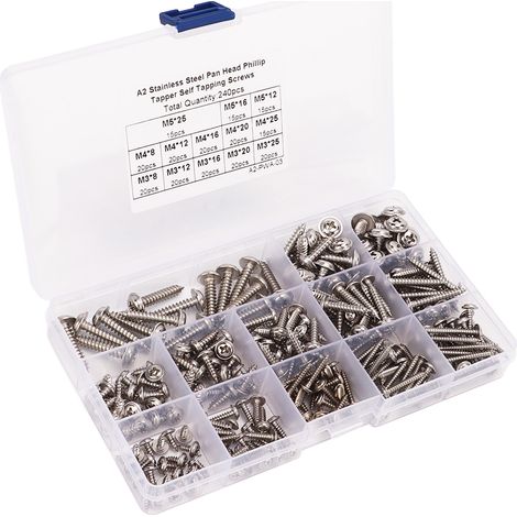 Ensemble de 240 vis autotaraudeuses à tête cylindrique Phillips en acier inoxydable avec rondelles, M3, M4, M5 (1/5)