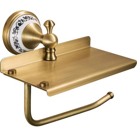 1 Support papier toilette avec étagère téléphone, laiton bronze antique, design porcelaine, accessoires salle de bain