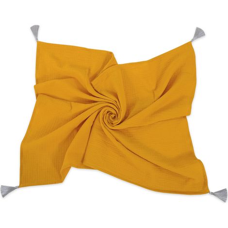 Copertina per neonati in mussola con nappe - senape (1/4)