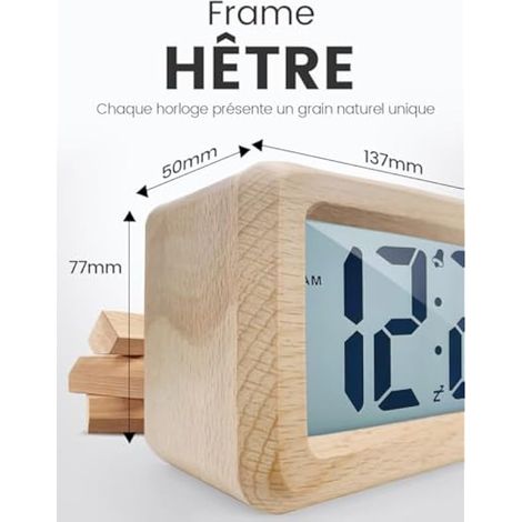 Réveil Numérique en Bois, Réveil LCD Horloge Digitale (1/4)