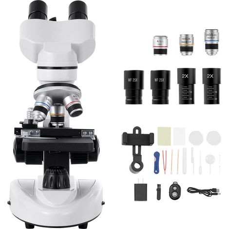 Microscope binoculaire pour adulte, kit de microscope composé professionnel avec grossissement de 40 à 2000x, corps en alliage d'aluminium, incluant une lumière LED et un support pour téléphone, pour (1/5)