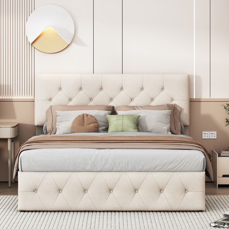 Bett mit Bettkasten 140 x 200 cm - Polsterbett mit Lattenrost, weicher Rückenlehne und verstellbarem Kopfteil - Samt - Beige