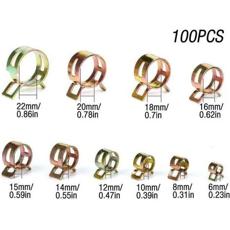 Clip à ressort tuyau collier serrage durite essence, 100 pièces Serre-joints à Tuyaux Colliers de Clip à Ressort Tuyau Serrage avec BoîTe de Rangement (6-22 mm, taille 10,de (1/3)
