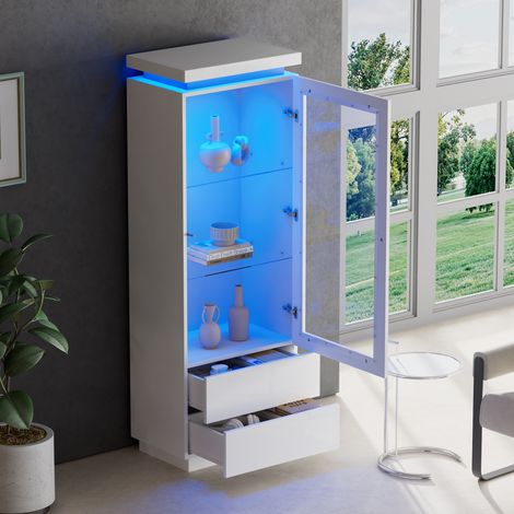 Armoire haute blanche 60x40x171cm, 2 tiroirs brillants lumineux LED, étagère en verre avec portes vitrées et abattante, vitrine de rangement