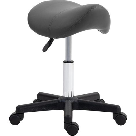Tabouret à roulettes, assise en forme de selle, réglable en hauteur, pivotant à 360°, similicuir, gris, 48 x 47 x 45-59 cm