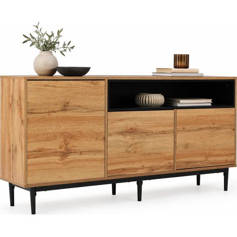 Buffet de rangement 3 portes en MDF et bois, avec étagères réglables, 160 x 35 x 76 cm, noir et bois foncé, gain de place pour salon moderne CHICFURN (1/5)