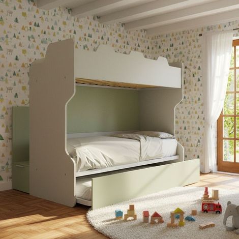 Letto a castello con scala contenitore e terzo letto estraibile - Cameretta salvaspazio - Ecru e Salvia