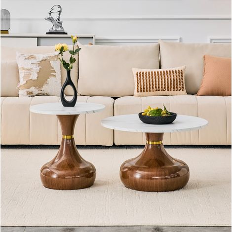 Set di 2 tavolini da caffè Ø70x42 / Ø50x51.5 cm bianco e noce in metallo con effetto marmo impilabili (1/5)