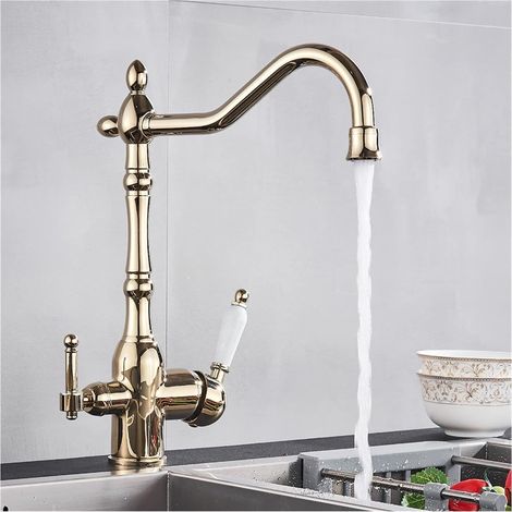 Cuisine de Luxe doré Robinet d'évier d'eau Pure Deux poignées en céramique Purification de l'eau Purification de l'eau Chaude et Froide mélangeur Tapis de Pont monté(Golden A) (1/5)