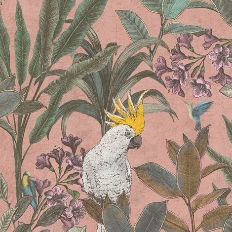 Empapelado con pájaros Profhome 397481 papel pintado vinílico estampado en caliente tejido non tejido ligeramente texturado con dibujo de jungla mate rosa verde púrpura amarillo 5,33 m2