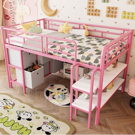 Cama alta infantil con almacenaje de metal rosa segura HAVRYA (1/5)