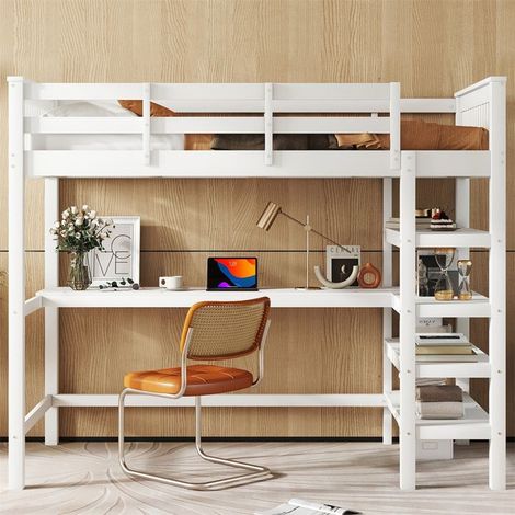 Lit mezzanine enfant 90x200 cm avec bureau et rangements, sommier inclus, sans matelas – Blanc