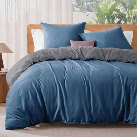 Ensemble de literie 220x240 cm, 1 housse de couette, 2 taies d'oreiller, bleu marine, microfibre