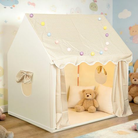 Tente de Jeu Enfants Interieur Beige à Carreaux 120x100x130cm avec Guirlande Lumineuse LED Cabane Enfant Intérieur avec Fenêtre Support Métallique Accueillir 2-3 Enfant Cadeau pour Garçon Fille (1/5)