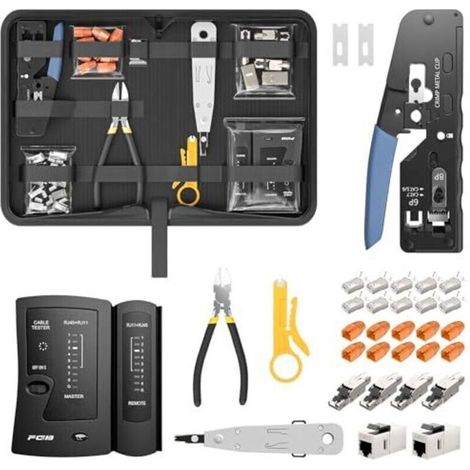 Kit d'outils réseau, pince à sertir RJ45 traversante pour câbles Cat7, Cat6, Cat5 avec 4 connecteurs réseau Cat7 sans outil, 10 connecteurs RJ45, outil de perforation LSA, testeur de réseau pour câble