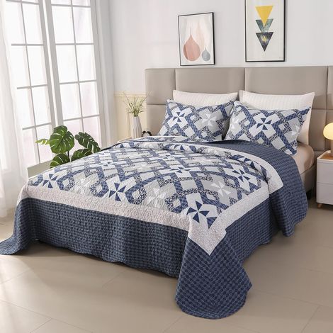 Couvre-lit réversible en Coton et Microfibre Doux 2 taies d'oreiller Motif Patchwork Ethnique Bleu (Bleu et Gris, 250x270cm) (1/5)
